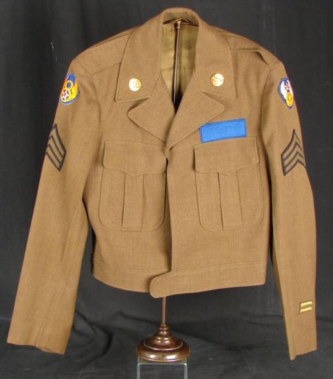 USAAF WWII Jacket w/ 8th, 9th Air Force Patches: This is a WW II era Ike jacket decorated with US Army Air Force patches. Insignia: includes 8th and 9th Air Force patches, shoulder patches, stripes and ranks Size: 36R, on inside tag Details: stamped