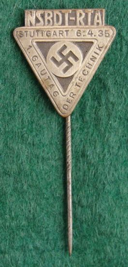 NAZI BADGE NSBDT-RTA-TECHNIK FRITZ TODT ENGINEER: HERE IS VERY NICE ORIGINAL ENGINEER MEMBERS BADGE STICK PIN. WE BELIEVE THIS TYPE OF BADGE WAS WORN BY FRITZ TODT. HE WAS A GERMAN ENGINEER AND A SENIOR NAZI FIGUR