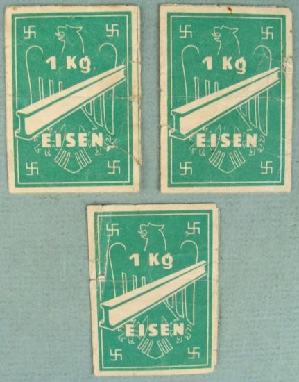 (3) NAZI COUPONS- 1 KG IRON BARTER COUPONS SOVIET UNION: These ration coupons were issued by the Nazi occupation government for use in the occupied Soviet Union (Reichskommissariat Ostland- Litauen, Lettland, Estland, and also Northern Russia- Pskov Region)