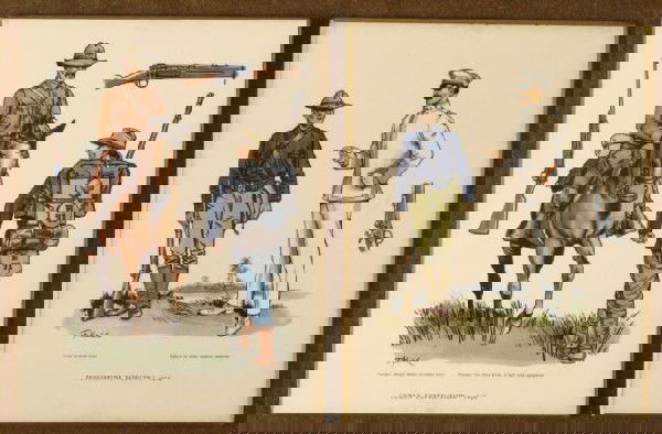 PAIR VINTAGE MILITARY ART PICTURES SPAN AM WAR: PAIR OF VINTAGE IMAGES OF MILITARY SOLIDIERS, HIGHLIGHTING THEIR UNIFORMS AND WEAPONS. EACH IS 9" x 12", LITHO ON BOARD WITH GOLD PAINTED EDGES, AND HOOKS ON BACK SO THEIR READY FOR HANGING. ONE SHOWS