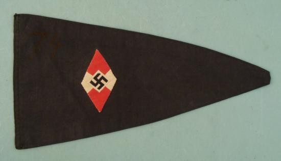 RARE HITLER YOUTH ORIGINAL PENNANT WITH HJ DIAMOND: THIS IS A QUITE RARE PIECE. IT IS A LARGE NAZI HITLER YOUTH PENNANT. THE SPINE IS 7 1/2" AND THE OVERALL LENGTH 14''. THE PENNANT IS A DOUBLE SIDED, MULTI-PIECE CONSTRUCTION. IT IS A