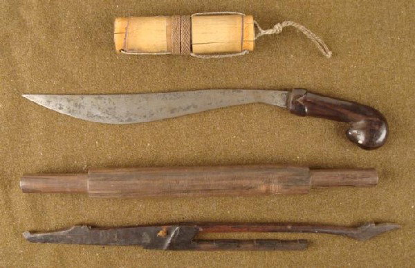 WWII PACIFIC THEATER KNIFE, FISHING NET DEVICE, STORAGE: 4 WWII ERA ITEMS FROM THE PACIFIC THEATER: ISLAND MADE KNIFE, 15", WITH CARVED GRIP WOODEN CARVED FISHING NET DEVICE , 15" HAND MADE STORAGE CAPSULE, WOOD WITH HOVEN STRING, 5 1/2" ROLLING PIN, WOODEN