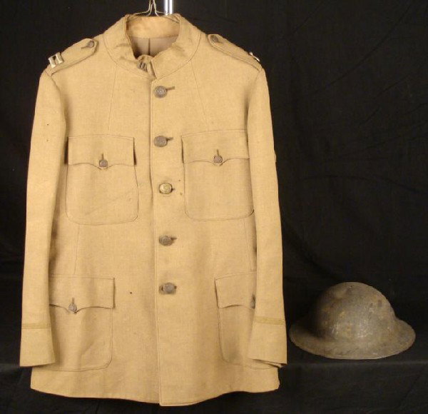 WWI U.S. DOUGHBOY UNIFORM & HELMET-MARKED/TAILOR: NICE ORIGINAL WWI US DOUGHBOY GROUPING. UNIFORM COAT IN OD/OLIVE DRAB WELL MADE WITH TAILOR LABEL INSIDE READS "S. ROBBIN & SONS-MERCHANT TAILOR-WASHINGTON DC" REPLACEMENT FRONT BUTTON NEEDS RE-SE