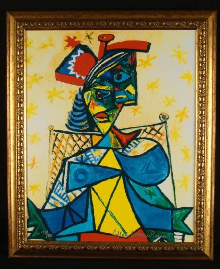 Pablo Picasso Ltd Ed Print Woman In Red and Blue Hat: This is a limited edition print by Pablo Picasso, signed by the Estate of Picasso. This woman with red and blue hat is mostly done in primary colors, in Cubist forms, on a pale yellow background. Arti