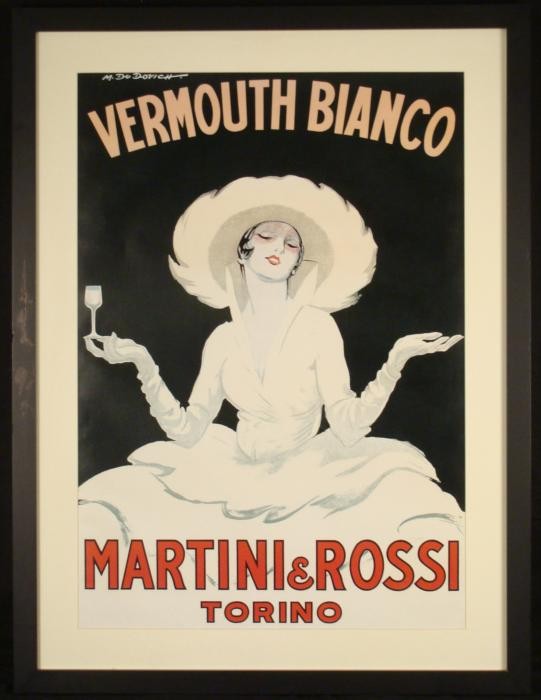 M Dudovich Martini & Rossi Vint Italian Vermouth Poster: This original period advertising poster was designed by famous poster artist Dudovich for Martini & Rossi. A refined lady is in the spotlight in this image, and she holds a glass of Vermouth Bianc