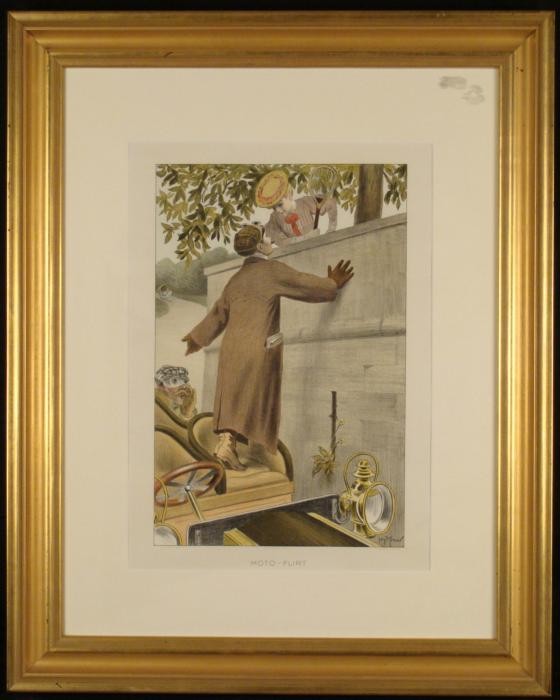 Moto Flirt Georges Meunier Historic Car Art Print: This print is from a turn of the century picture of an early motorist stopping to flirt with a young lady tennis player.Artist: Georges Meunier Title: Moto Flirt Year: 1905Medium: Litho on paperImage