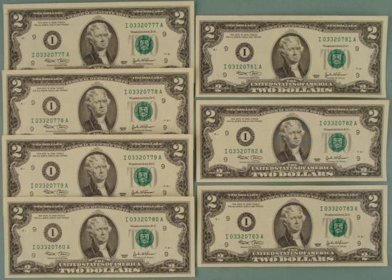 7 Consecutive # 2003 $2 Bills Notes I Minneapolis CU: (7) 2003 $2 bills, with consecutive serial numbers Mint mark: I (Minneapolis) Grade: Crisp Uncirculated *The bills you will receive will look different from that in the photo