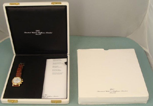 IWC 18K Gold Amalfi Chronograph Mens Watch Orig Box: This is a rare mens wristwatch from International Watch Co. The model is called the Amalfi Chronograph, number 3703. It was produced for only two years, from 1992 to 1993, and is now highly collectibl