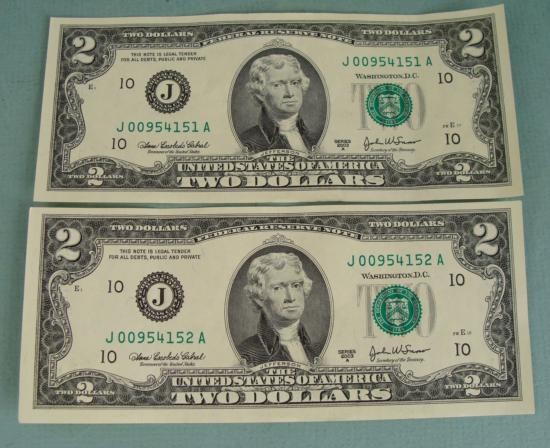 2 Consec # CU 2003 A $2 Bills Notes J Mint Kansas City: (2) 2003-A $2 bills Serial numbers: Consecutive Mint mark: J (Kansas City) Grade: Crisp Uncirculated*Note: Bills will have different serial numbers than those pictured