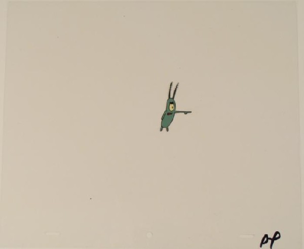 Pointing Plankton Orig Animation SpongeBob Art Cel: This original animation cel is from the Nickelodeon TV show SpongeBob Squarepants. The story takes place under the deep blue sea in Bikini Bottom, where SpongeBob resides. Sp