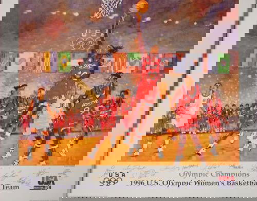 1996 Olympics Bart Forbes Womens Basketball Poster: This colorful poster by famous sports artist Bart Forbes was created for the Olympic Games in Atlanta in 1996:Title: "1996 U.S. Olympic Women's Basketball Team"Poster on glossy paper22 × 28Very g