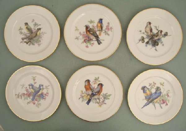 6 JWK Bird Plates Set Vintage Bavarian W Germany: This set of 6 porcelain plates features a different bird on each, all with beautifully detailed transfer images. They were made by JWK in Western Germany over 35 years ago. They are 7 5/8", with gold 