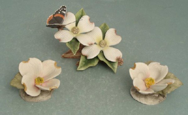 3 Porcelain Flowers Napoleon Capodimonte Italy, Andrea: Here are 3 pretty porcelain flowers. Two are Capodimonte from Napoleon of Italy, with foil stickers. They are each slightly different, and measure about 3". The other is from Andrea by Sadek. It has a