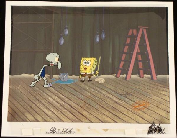 Background Cel Original Animation SpongeBob Backstage: This original hand-painted background and animation cel are from the Nickelodeon TV show SpongeBob Squarepants. The story takes place under the deep blue sea in Bikini B