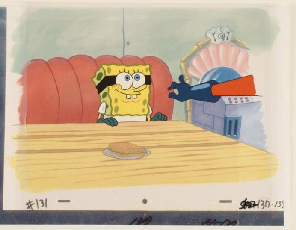 Original Cel Superhero Background SpongeBob Animation: This original hand-painted background and animation cel are from the Nickelodeon TV show SpongeBob Squarepants. The story takes place under the deep blue sea in Bikini B