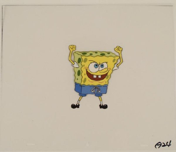 SpongeBob Hands Up Animation Art Original Cel Cheering: This original animation cel is from the Nickelodeon TV show SpongeBob Squarepants. The story takes place under the deep blue sea in Bikini Bottom, where SpongeBob resides. Sp
