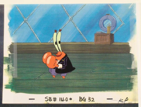 SpongeBob Animation Krabs Suit Original Cel Background: This original hand-painted background and animation cel are from the Nickelodeon TV show SpongeBob Squarepants. The story takes place under the deep blue sea in Bikini B