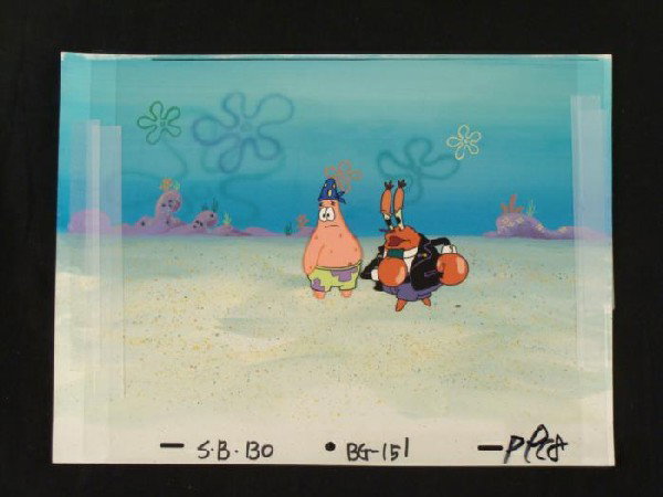 Original Angry Krab Background SpongeBob Cel Production: This original hand-painted background and animation cel is from the Nickelodeon TV show SpongeBob Squarepants. The story takes place under the deep blue sea in Bikini Bo