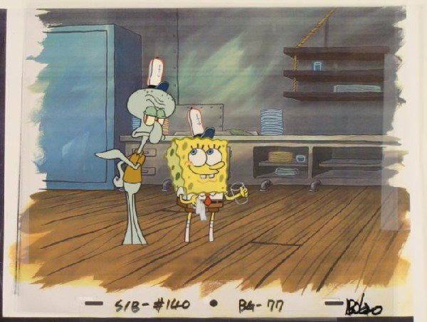 Drying Cup SpongeBob Cel Background Original Animation: This original hand-painted background and animation cel are from the Nickelodeon TV show SpongeBob Squarepants. The story takes place under the deep blue sea in Bikini B