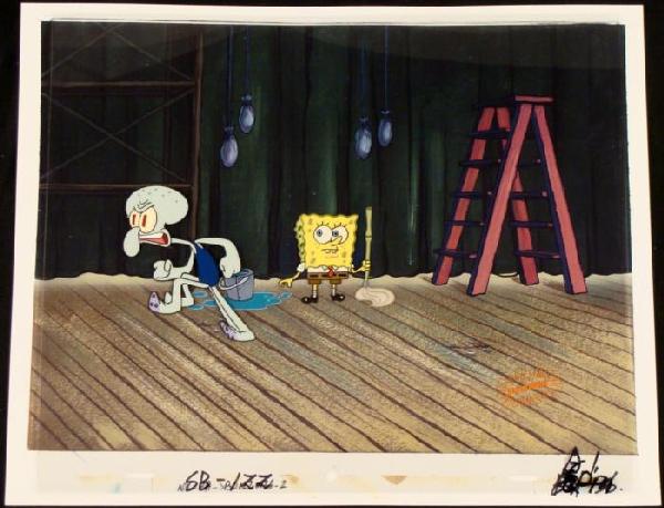 Leave Original Animation SpongeBob Art Background Cel: This original hand-painted background and animation cel are from the Nickelodeon TV show SpongeBob Squarepants. The story takes place under the deep blue sea in Bikini B