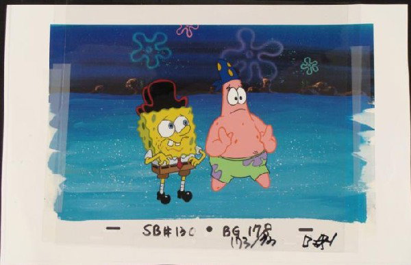 Animation Art Original SpongeBob Scared Background Cel: This original hand-painted background and animation cel is from the Nickelodeon TV show SpongeBob Squarepants. The story takes place under the deep blue sea in Bikini Bo