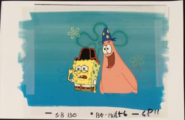 Patrick & SpongeBob Original Background Cel Production: This original hand-painted background and animation cel are from the Nickelodeon TV show SpongeBob Squarepants. The story takes place under the deep blue sea in Bikini B