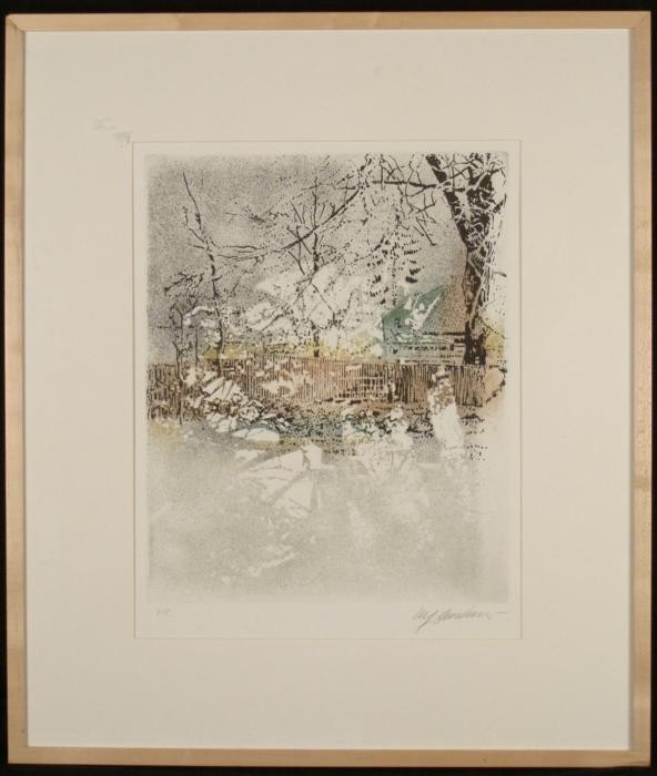 Ulf Onsberg Signed Ltd Ed Frmd Art Print-Snow Fence COA: This art print portrays a fence in a snowy backyard. The specks and textures give this piece the feeling of a delicate fresh snowfall. Medium: Serigraph on paper Artist: Ulf Onsberg Title: Snow Fence 