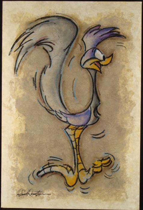 Dick Duerrstein Orig Painting Road Runner Cartoon Art: This original painting portrays the Road Runner, as he's jumping up and ready to take off down the road. Artist Dick Duerrstein captures the Road Runner here, with great expression, and a background w
