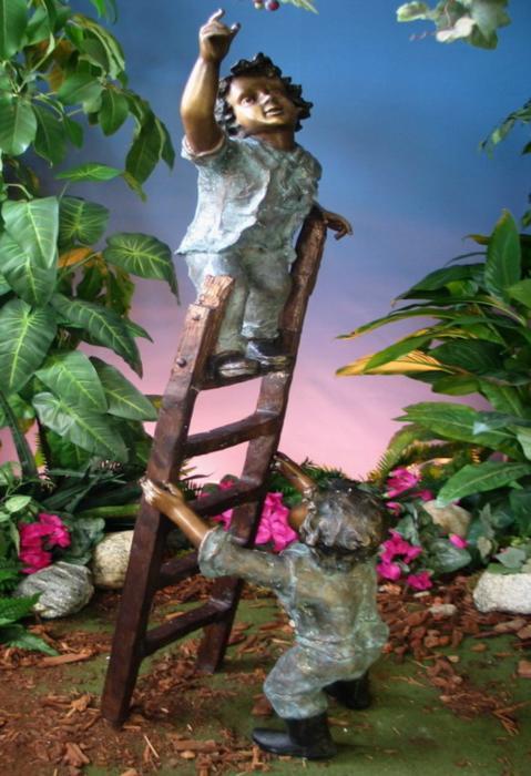 Tom And Jerry On Ladder Pescara Bronze Sculpture: Two young men cannot resist exploring with the ladder they just discovered. Place this beside a tree or next to an shed for a place where these two boys can climb and explore to their hearts content.