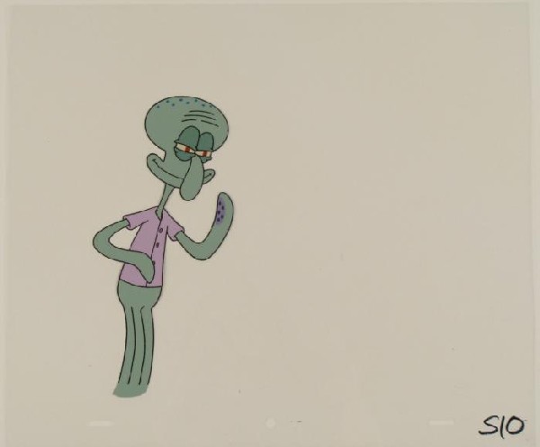 Late Night Spongebob Production Cel Original Art: This original animation cel is from the Nickelodeon TV show SpongeBob Squarepants. The story takes place under the deep blue sea in Bikini Bottom, where SpongeBob resides. Sp