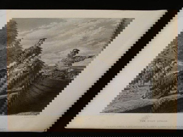 The First Voyage F Stone 19th Century Block Print: This is an original block print most likely from a book about naval pioneers. The scene portrays a sea-faring man ready to set sail, while women prepare a child for a voyage. Title: The First Voyage A