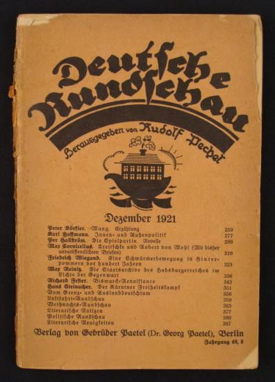 1921 GERMAN BOOK DEUTSCHE RUNDSCHAU (GERMAN REVIEW): HERE WE HAVE AN INTERESTING DECEMBER 1921 EDITION BOOK ENTITLED DEUTSCHE RUNDSCHAU (THE GERMAN REVIEW). IT IS A SOFT COVER BOOK, SHOWS IT'S AGE, AND IS 183 PGS. (STARTS ON PG. 259). THE BOOK MEASURES