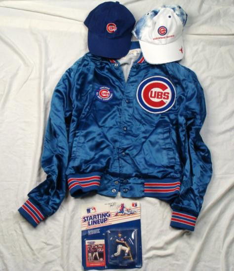 Chicago Cubs Jacket Patch Hats Action Figure Baseball: Here is an eclectic lot of Chicago Cubs memorabilia. First are two adjustable Chicago Cubs hats. One is white with blue tie-dye from the 2006 Spring Training. It comes
