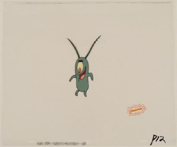 SpongeBob Original Plankton Jump For Joy Cel Animation: This original animation cel is from the Nickelodeon TV show SpongeBob Squarepants. The story takes place under the deep blue sea in Bikini Bottom, where SpongeBob resides. Sp