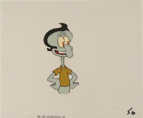 Production Art Squidward Happy Original SpongeBob Cel: This original animation cel is from the Nickelodeon TV show SpongeBob Squarepants. The story takes place under the deep blue sea in Bikini Bottom, where SpongeBob resides. Sp