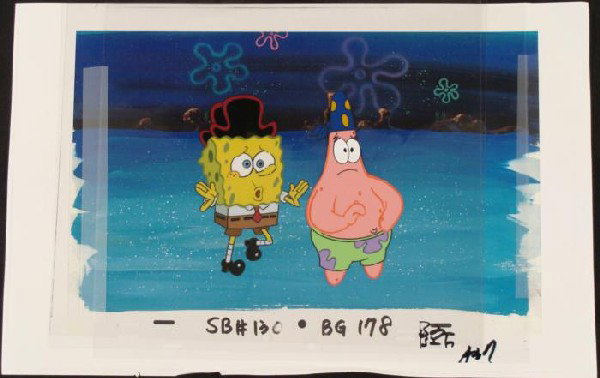 Patrick Original Production SpongeBob Cel Background: This animation cel and reproduction background is from the Nickelodeon TV show SpongeBob Squarepants. The story takes place under the deep blue sea in Bikini Bottom, where SpongeB