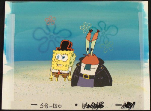 Cel Background Animation SpongeBob Pirate Suit Original: This original hand-painted background and animation cel is from the Nickelodeon TV show SpongeBob Squarepants. The story takes place under the deep blue sea in Bikini Bo