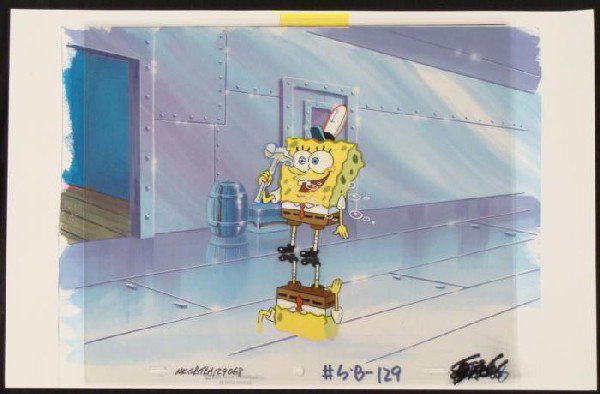 Shiny SpongeBob Original Animation Art Cel Background: This animation cel and reproduction background are from the Nickelodeon TV show SpongeBob Squarepants. The story takes place under the deep blue sea in Bikini Bottom, where Sponge