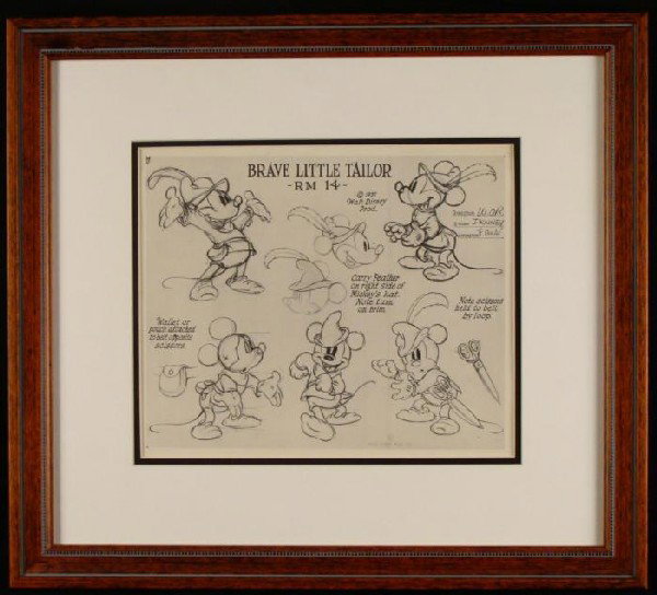 Original Disney 1939 Art Model Sheet Mickey Tailor Rare: This is an original period production art photostat of a model sheet drawing from the 1937 Disney animated short film Brave Little Tailor. Model sheets were passed around to the various departmen