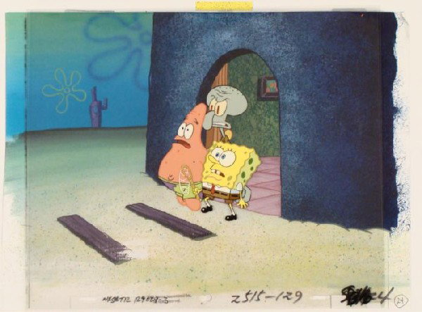 Get Out Original Art SpongeBob Background Animation Cel: This animation cel and reproduction background are from the Nickelodeon TV show SpongeBob Squarepants. The story takes place under the deep blue sea in Bikini Bottom, where Sponge