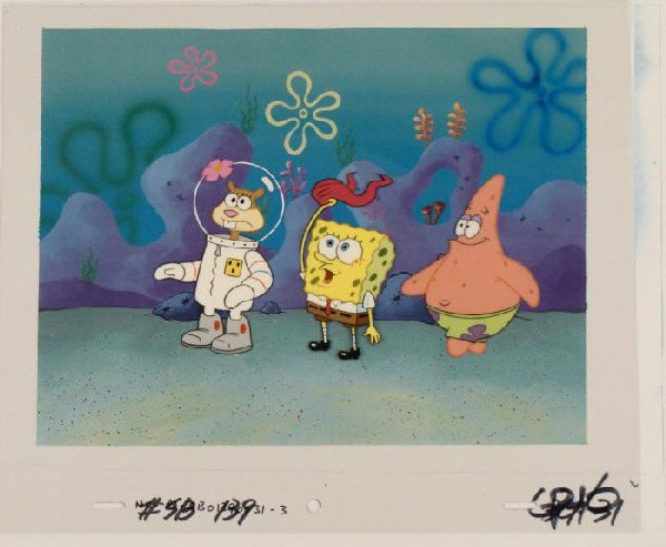 Blindfold Original Cel SpongeBob Background Production: This animation cel and reproduction background are from the Nickelodeon TV show SpongeBob Squarepants. The story takes place under the deep blue sea in Bikini Bottom, where Sponge