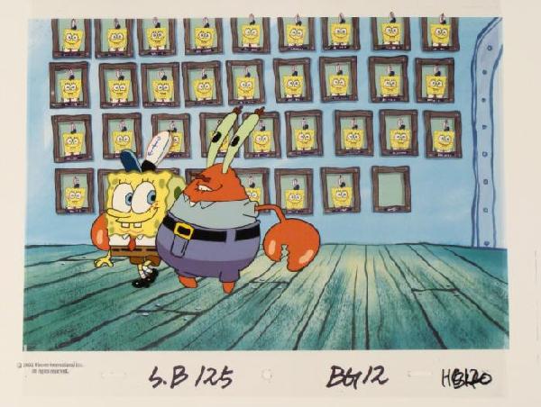 Proud Of SpongeBob Original Cel Animation Background: This animation cel and reproduction background are from the Nickelodeon TV show SpongeBob Squarepants. The story takes place under the deep blue sea in Bikini Bottom, where S