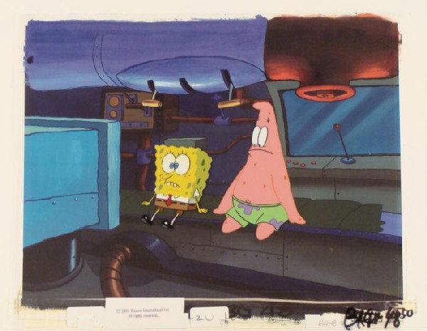 SpongeBob Spaceship Original Cel Animation Background: This animation cel and reproduction background are from the Nickelodeon TV show SpongeBob Squarepants. The story takes place under the deep blue sea in Bikini Bottom, where Sponge