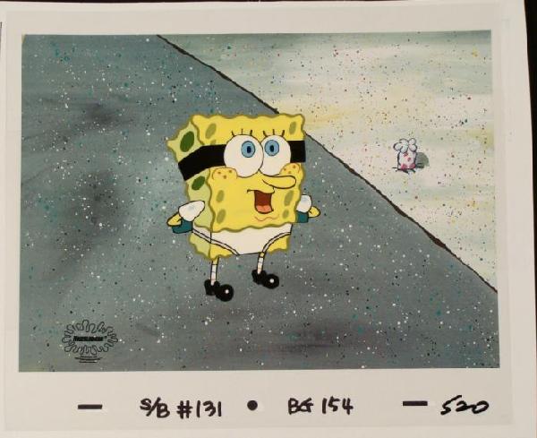 Original Super Hero SpongeBob Cel Background Animation: This animation cel and reproduction background are from the Nickelodeon TV show SpongeBob Squarepants. The story takes place under the deep blue sea in Bikini Bottom, where Sponge