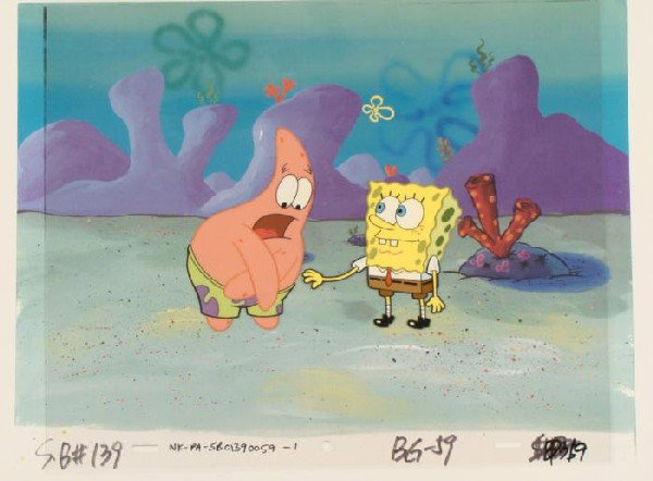 Me Touch Original SpongeBob Animation Background Cel: This animation cel and reproduction background are from the Nickelodeon TV show SpongeBob Squarepants. The story takes place under the deep blue sea in Bikini Bottom, where Sponge