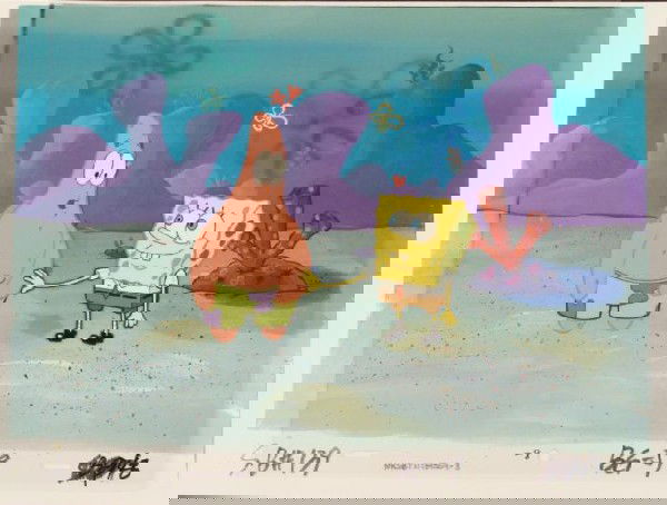 Touch Belly Original SpongeBob Animation Background Cel: This animation cel and reproduction background are from the Nickelodeon TV show SpongeBob Squarepants. The story takes place under the deep blue sea in Bikini Bottom, where Sponge