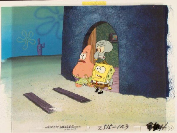 Get Away Original Cel SpongeBob Production Background: This animation cel and reproduction background are from the Nickelodeon TV show SpongeBob Squarepants. The story takes place under the deep blue sea in Bikini Bottom, wh