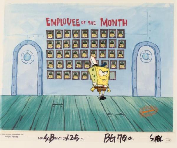Army Hat Original Cel SpongeBob Production Background: This animation cel and reproduction background are from the Nickelodeon TV show SpongeBob Squarepants. The story takes place under the deep blue sea in Bikini Bottom, where Sponge