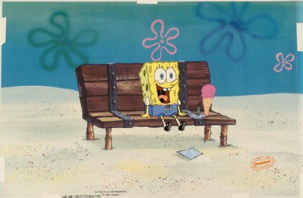 Original SpongeBob Production Art Background Cel Laugh: This animation cel and reproduction background are from the Nickelodeon TV show SpongeBob Squarepants. The story takes place under the deep blue sea in Bikini Bottom, where Sponge
