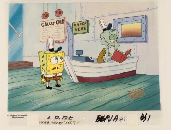 SpongeBob Production Reading Original Cel Background: This animation cel and reproduction background are from the Nickelodeon TV show SpongeBob Squarepants. The story takes place under the deep blue sea in Bikini Bottom, where Sponge